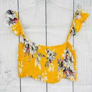 Lulus Yellow Floral Smocked Crop Top stretchy ruffle straps sz Medium